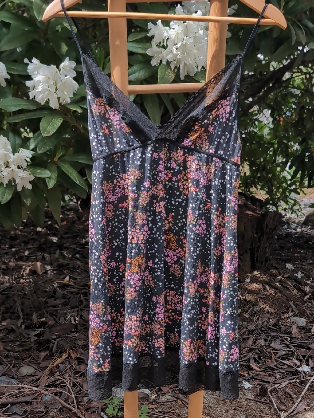 Victoria's Secret Black Strappy Floral Lace-Trim Slip Dress
